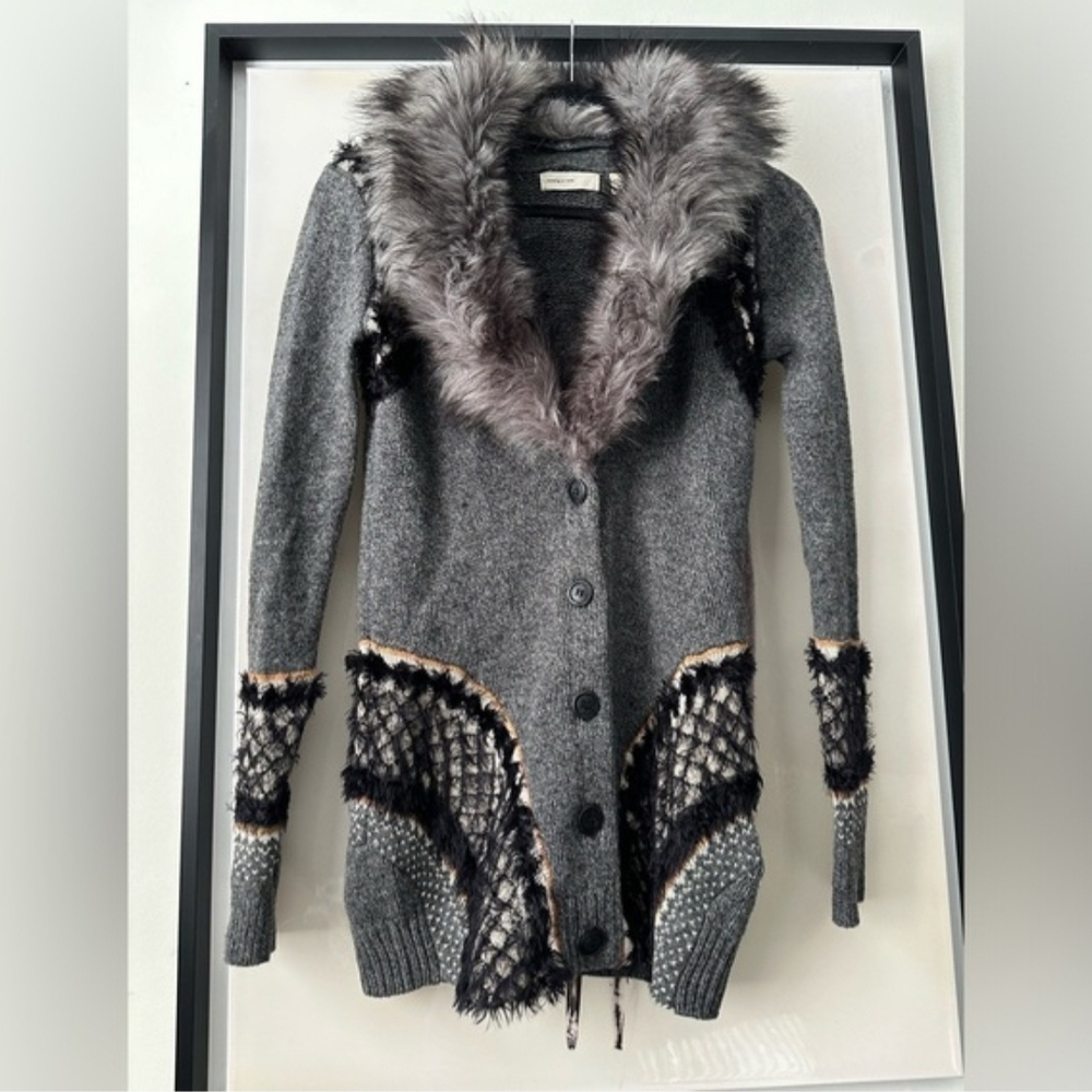 Anthrpologie Sleeping On Snow V-neck Wool Cardigan w Faux Fur Collar